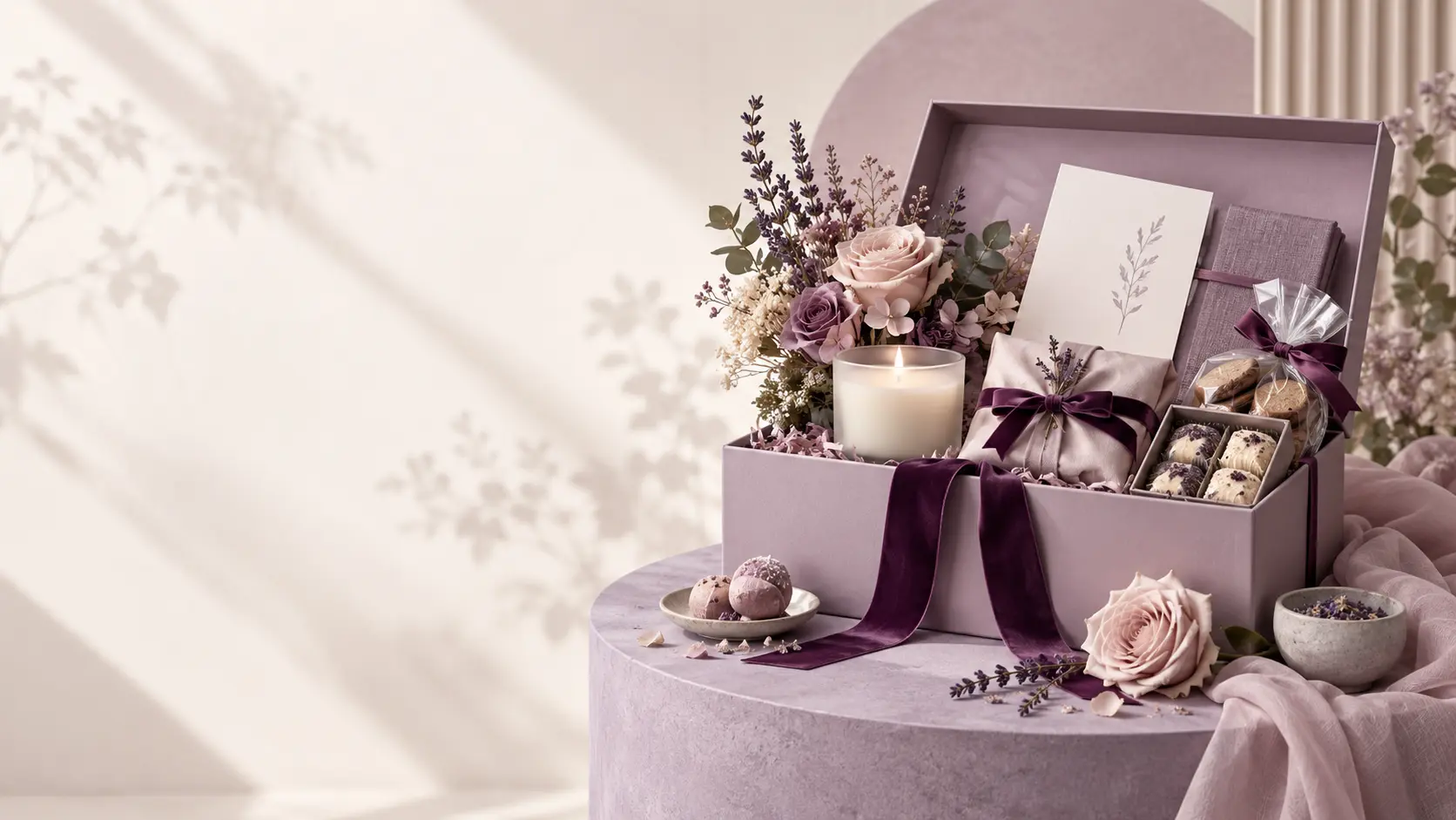 Luxury lavender gift hamper styled with flowers and ribbon